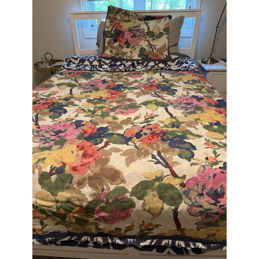 Pottery Barn Full/Queen Linen Cotton Blend Duvet and sham floral and Ikat